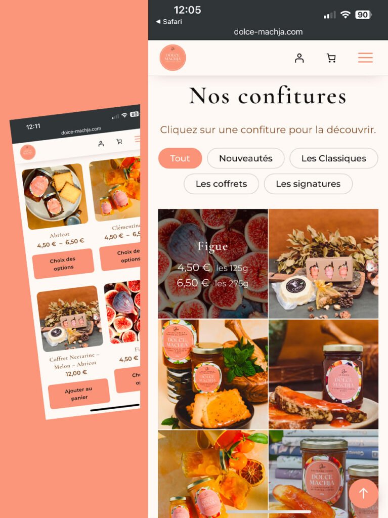 Deux téléphones affichant la boutique en ligne : la page « Nos confitures », ses filtres par gamme et la grille des pots avec leurs prix.